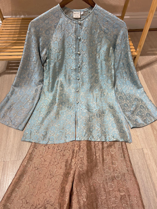 B08 - Set Áo Bà Ba Tơ Tằm Nha Xá Hoa Cúc Xanh/Nâu | Kèm Quần