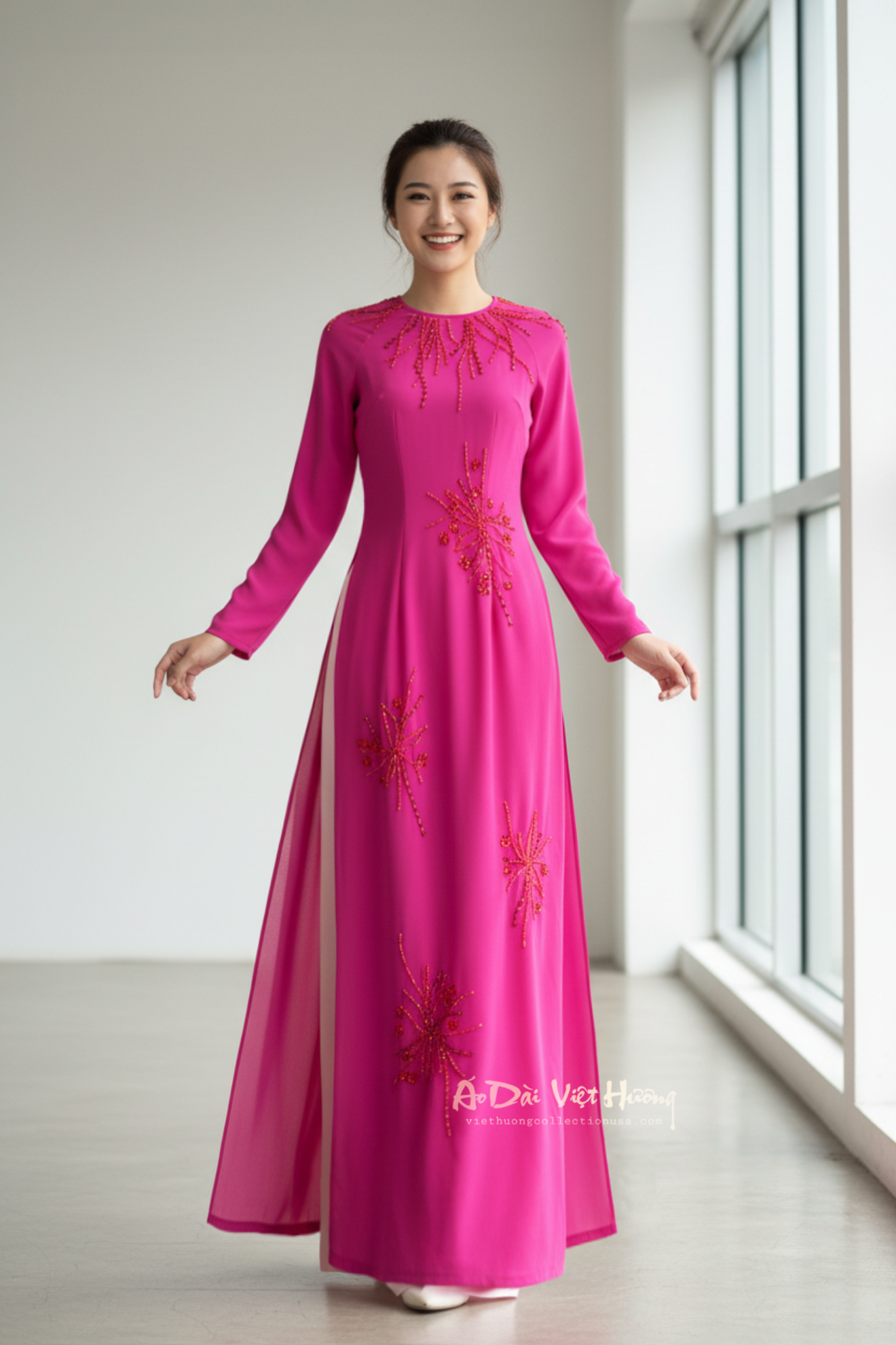 AD20 - Áo Dài Chiffon 4 Tà Thiết Kế Hồng Cánh Sen
