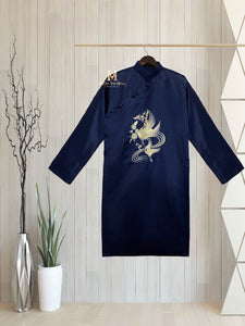108 - Dark Blue Taffeta with Gold Embroidery Pattern Men's Áo Dài