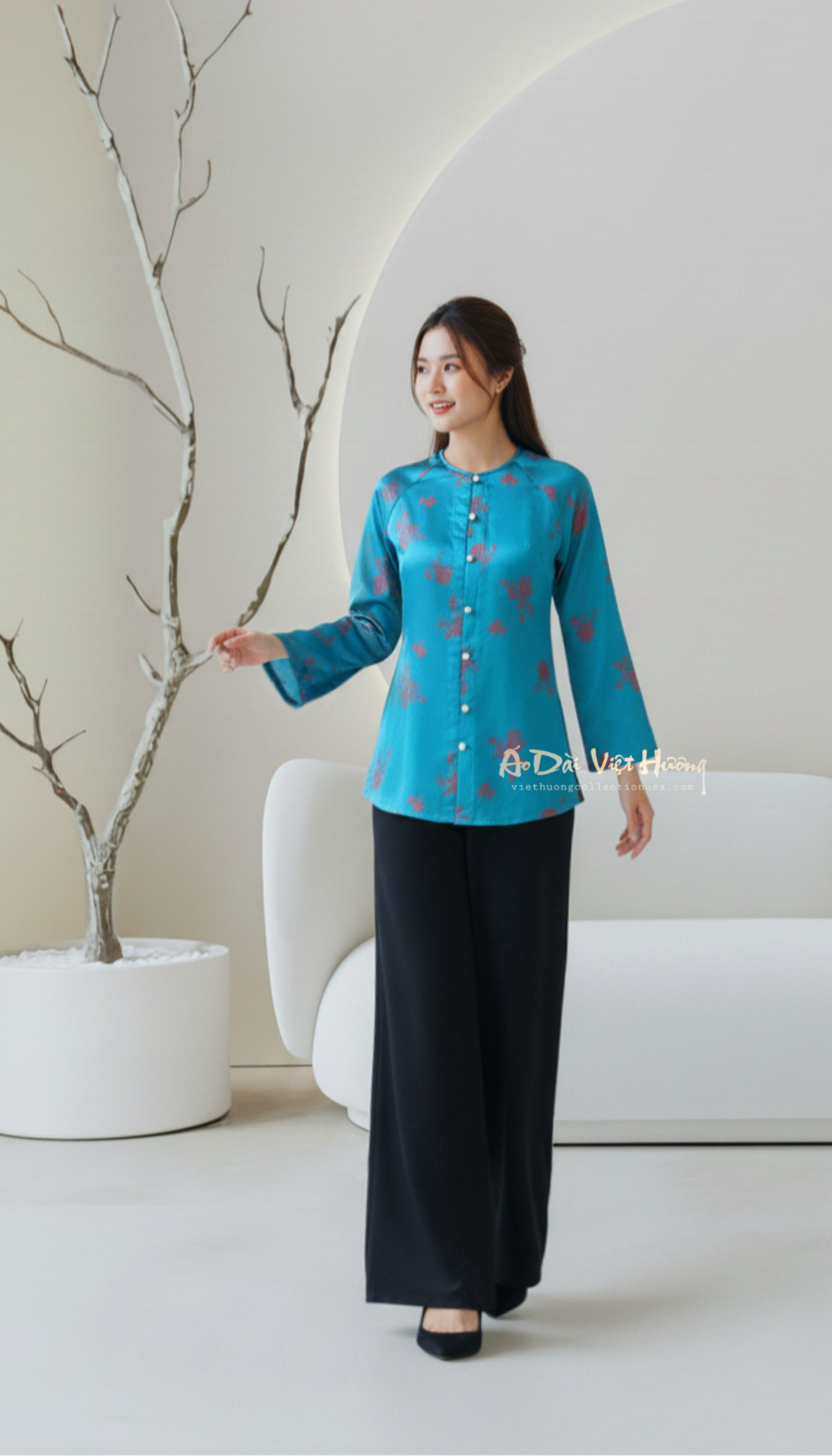 B2 - Áo Bà Ba Gấm Lụa Thiên Cúc Blue Teal