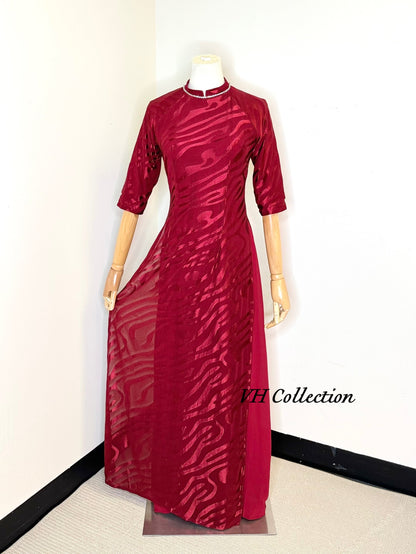 D39 - Áo Dài Dress Wine Red Triple Layers