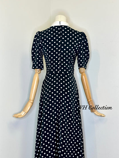 D80 - Polka Dot Black and White Shirt Collar Long Dress