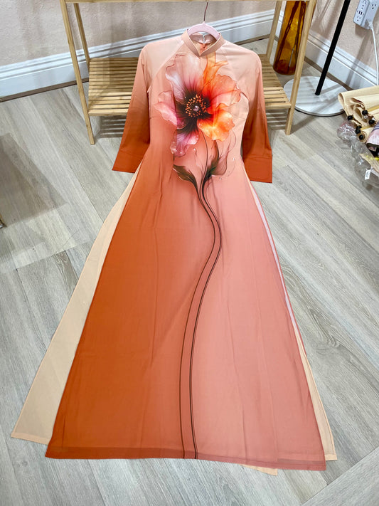 A24 - Áo Dài Chiffon 4 Tà Nâu Cam