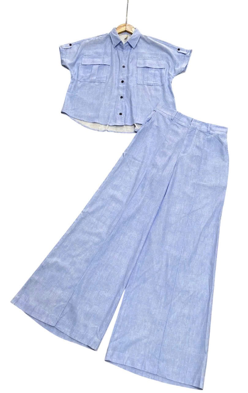 L103->107 - Short-Sleeve Shirt & Wide-Leg Pants Set | Linen Blend