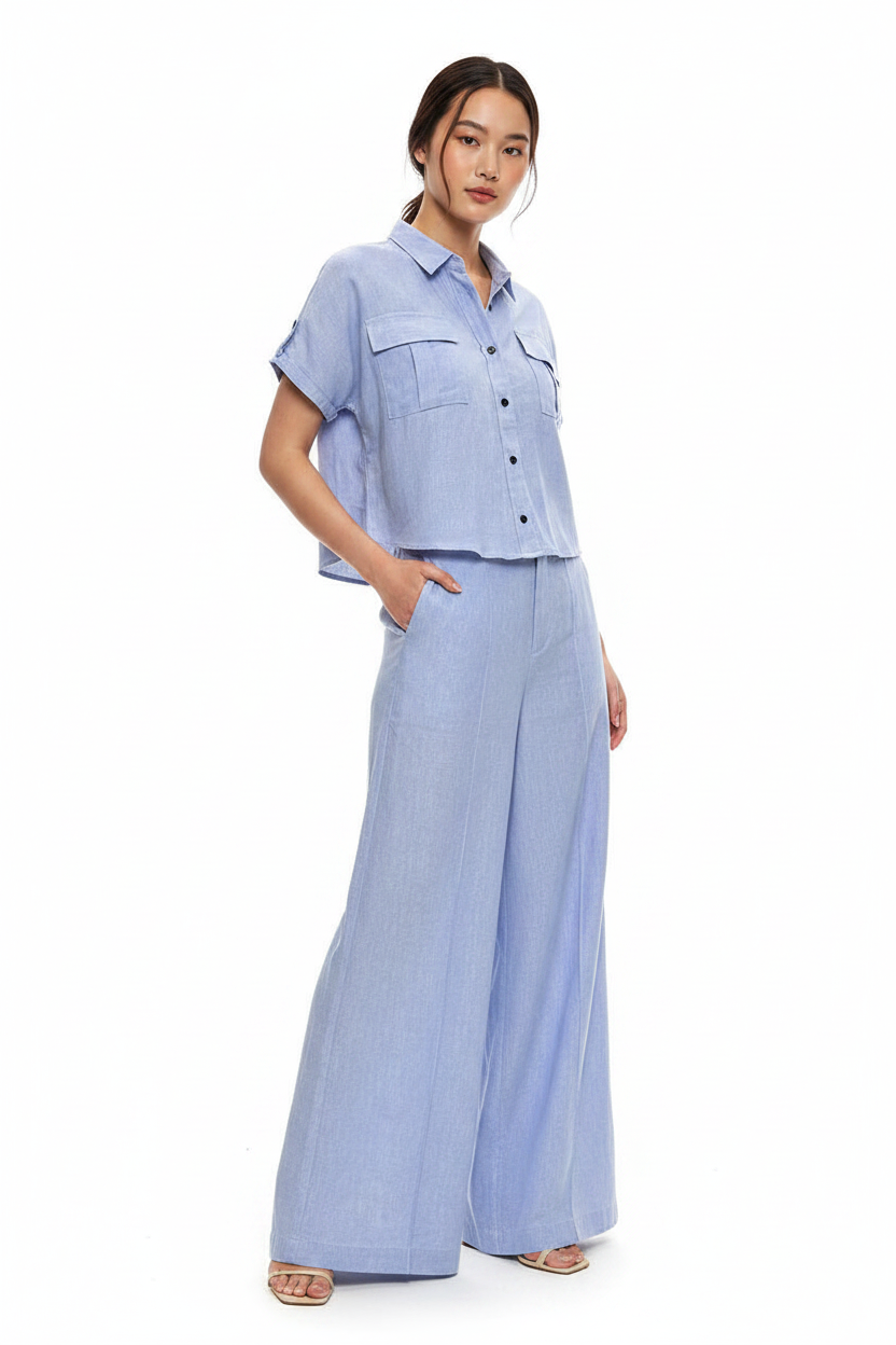 L103->107 - Short-Sleeve Shirt & Wide-Leg Pants Set | Linen Blend