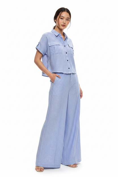 L103->107 - Short-Sleeve Shirt & Wide-Leg Pants Set | Linen Blend