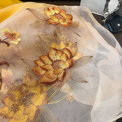 198 - Gold Flower Embroidered Organza Imitation Silk Yellow Scarf