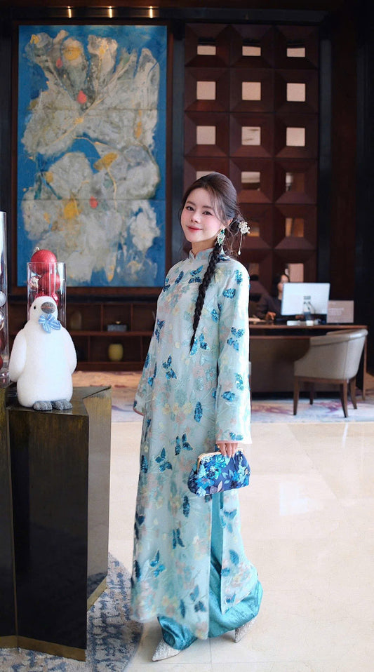 A49 - Set Áo Dài Sequin Blue (kèm quần Nhũ)