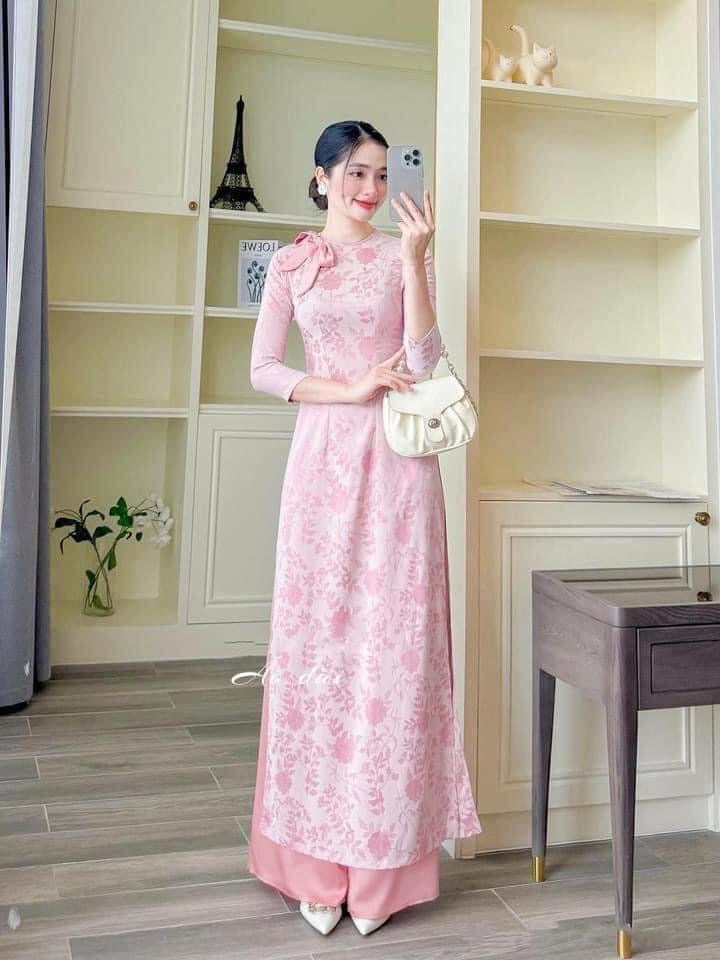 A116 - Set Áo Dài Lụa Gấm Tô Châu Light Pink - kèm quần