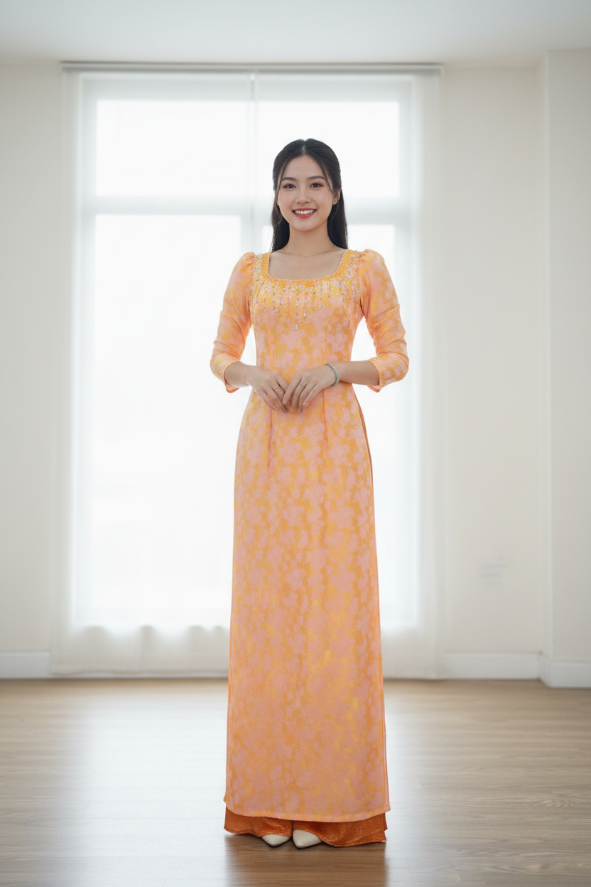 A109 - Áo Dài Gấm Coral Pink Design (cổ thuyền tay bồng)