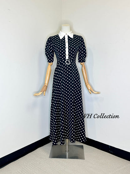 D80 - Polka Dot Black and White Shirt Collar Long Dress