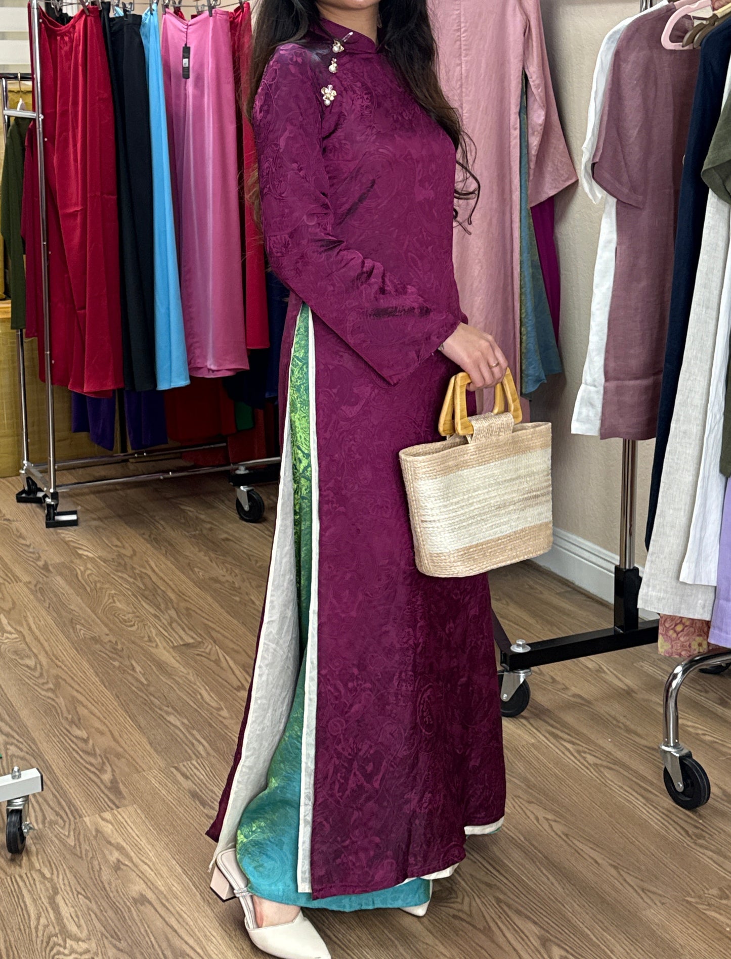 M3 - Set Áo Dài Tơ Tencel 4 tà tím cẩm/kem (kèm quần)