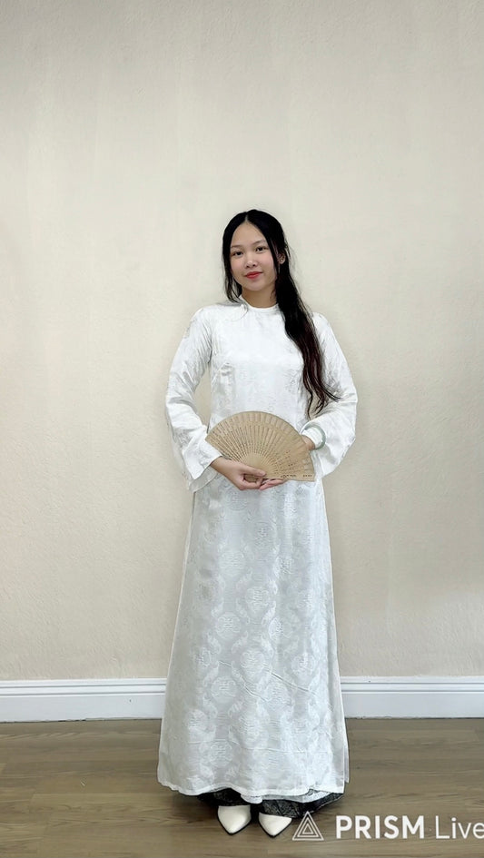 A03 - Áo Dài Lụa Tơ Tằm Nha Xá Thọ Dơi Phối Ren White