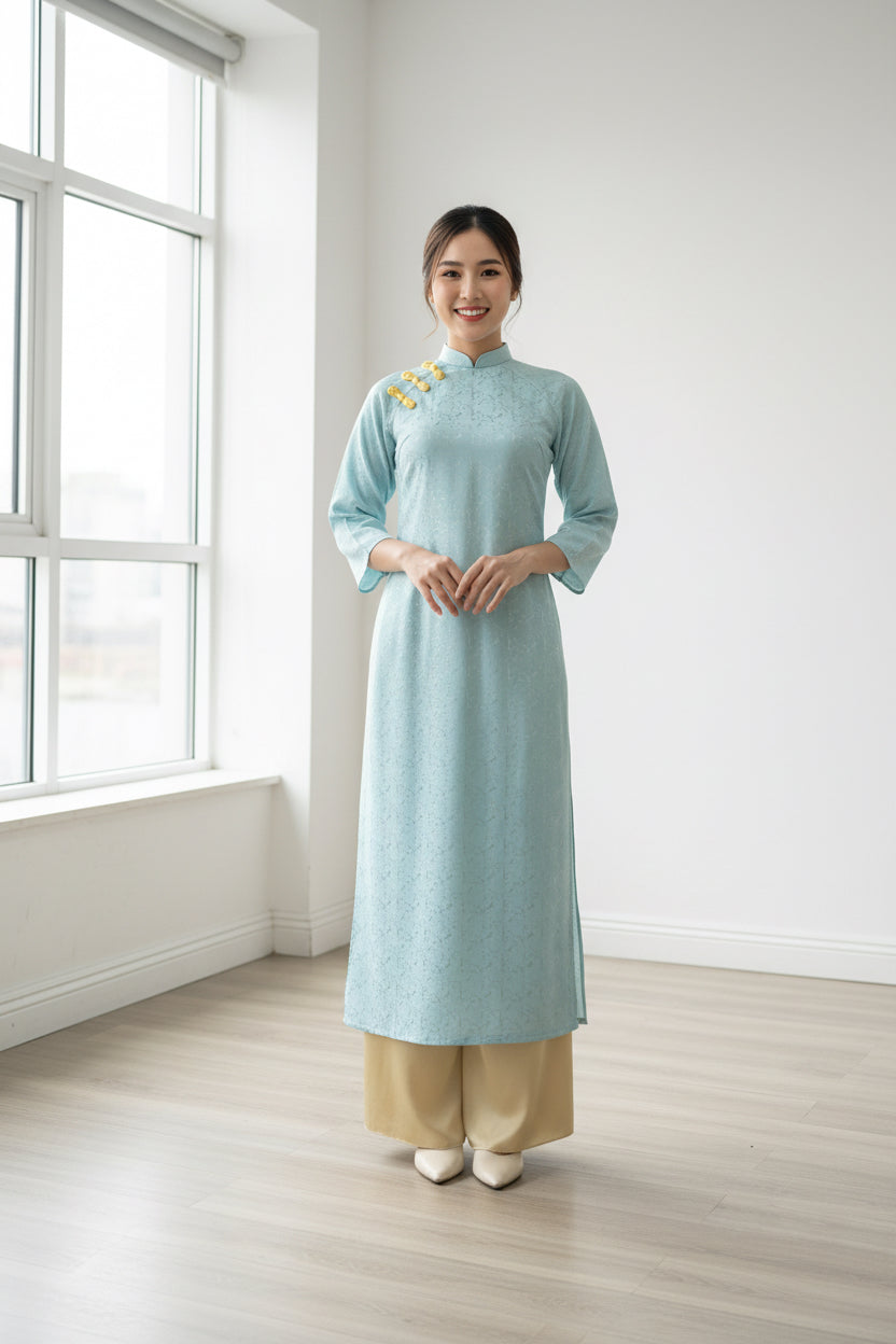 AD2 - Áo Dài Suông Gấm Lụa Xanh phối nút vàng | Kèm Quần vàng.