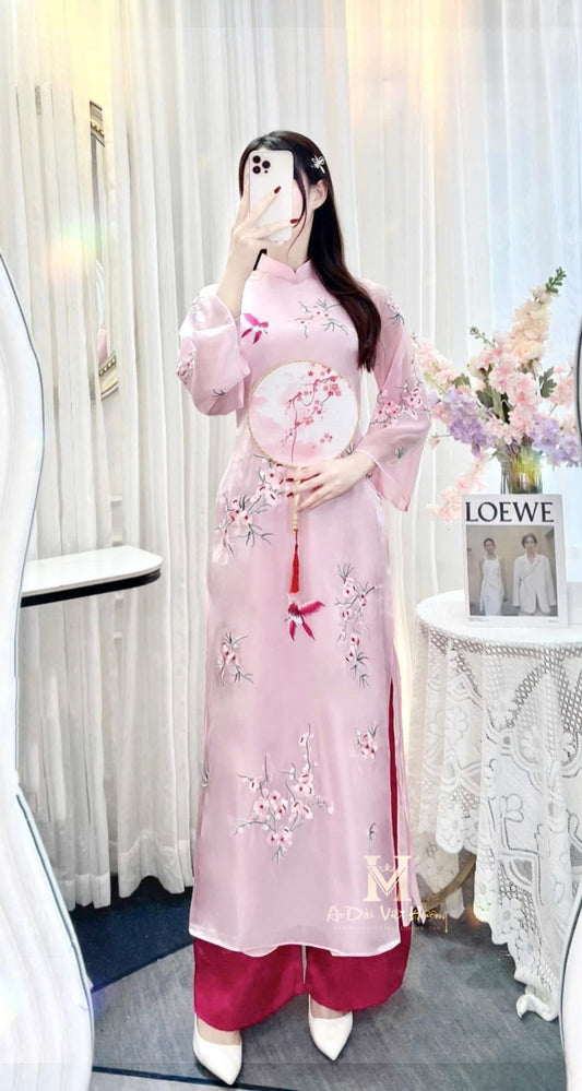 A32 - Set Áo Dài Dáng Suông Thêu Tơ Hồng 2 lớp (Kèm Quần Lotus Pink)