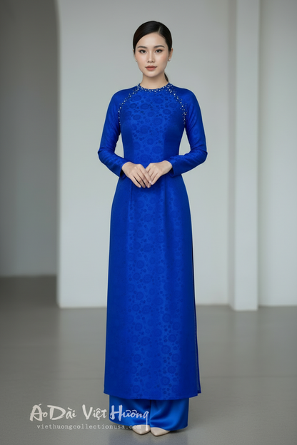 A31 - Áo Dài Lụa Ánh Kim Thái Tuấn Cobalt Blue (Cổ Tròn)
