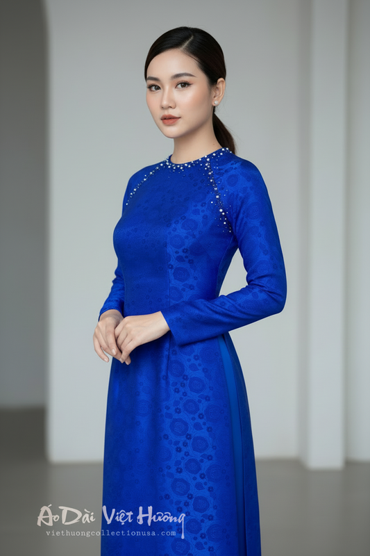 A31 - Áo Dài Lụa Ánh Kim Thái Tuấn Cobalt Blue (Cổ Tròn)