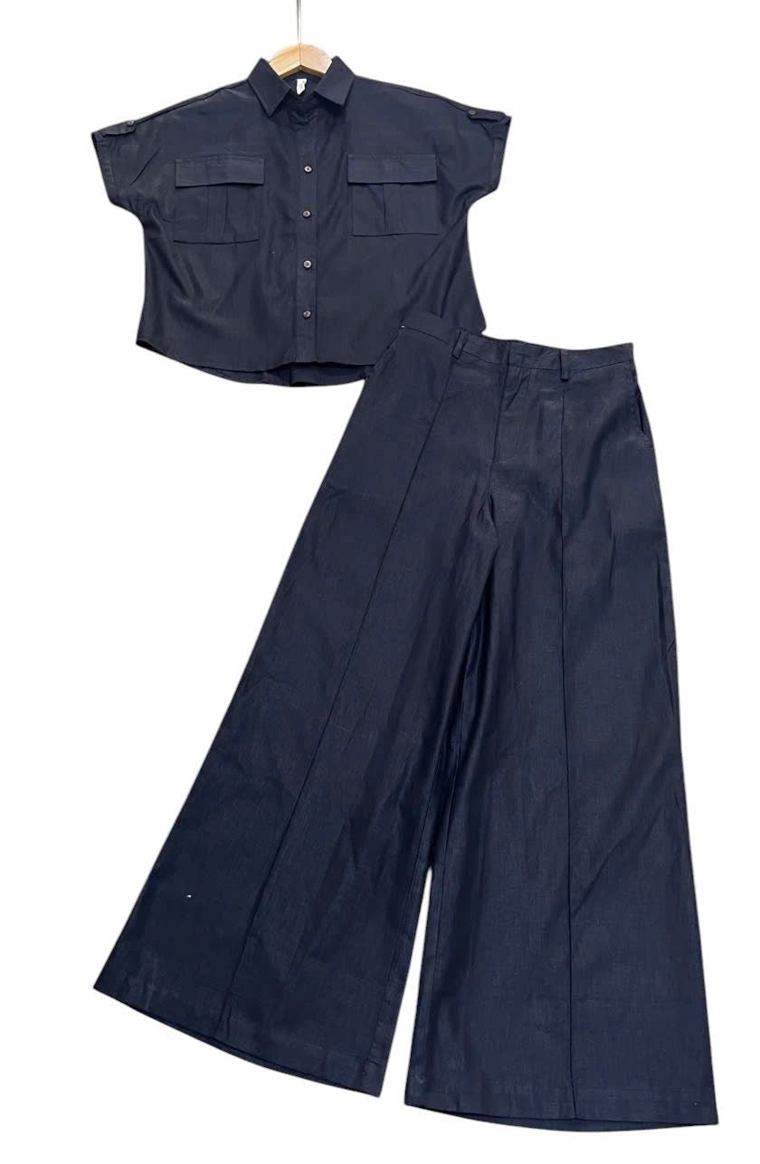 L103->107 - Short-Sleeve Shirt & Wide-Leg Pants Set | Linen Blend