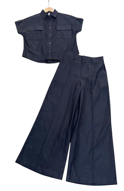 L103->107 - Short-Sleeve Shirt & Wide-Leg Pants Set | Linen Blend