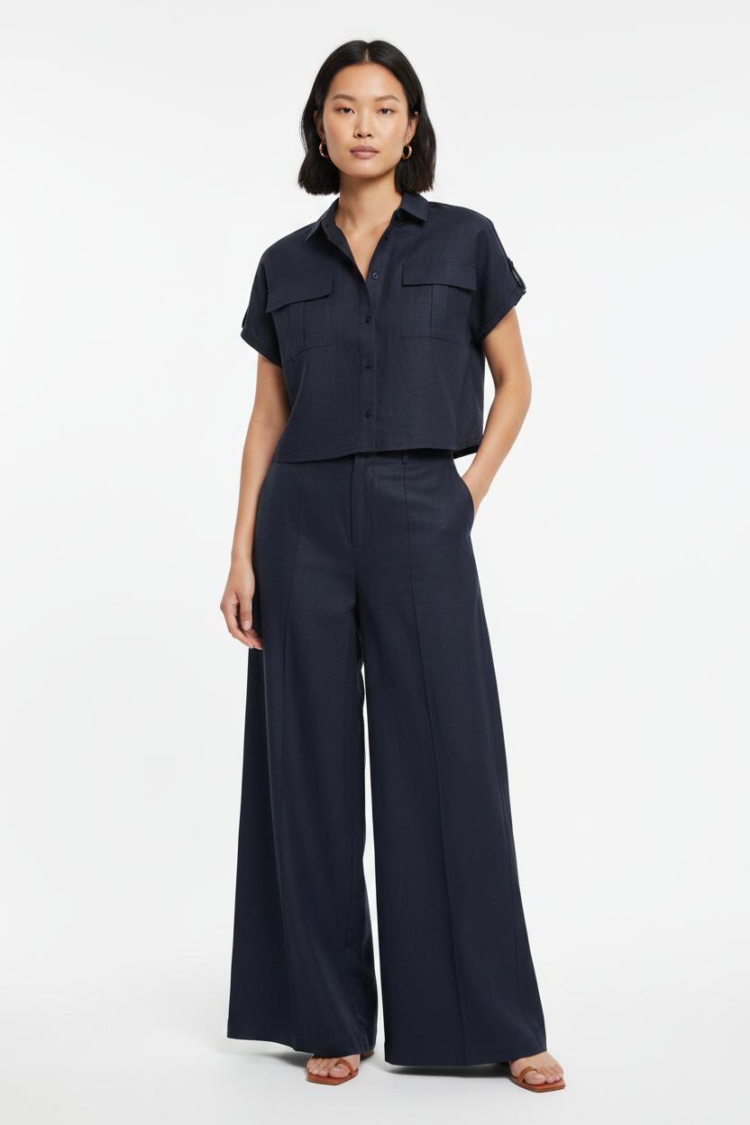 L103->107 - Short-Sleeve Shirt & Wide-Leg Pants Set | Linen Blend
