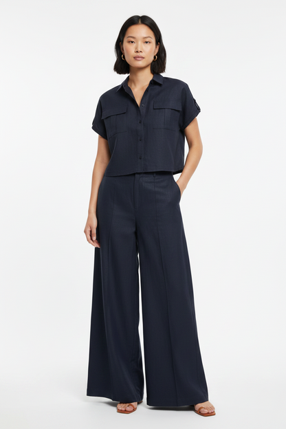 L103->107 - Short-Sleeve Shirt & Wide-Leg Pants Set | Linen Blend