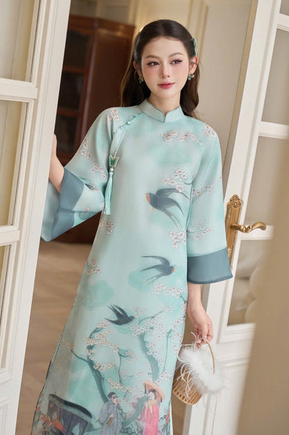 A114 - Set Áo Dài Cách Tân Suông Tơ Organza Blue (kèm quần nhũ)