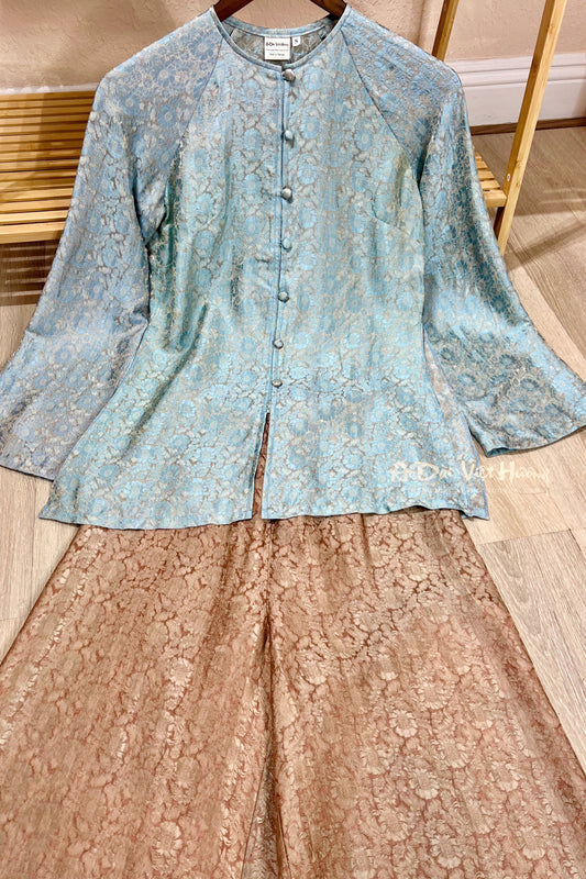 B08 - Set Áo Bà Ba Tơ Tằm Nha Xá Hoa Cúc Xanh/Nâu | Kèm Quần
