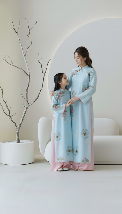 M1 - Women’s Áo Dài Tơ Thêu 4 Tà Blue (Áo only)