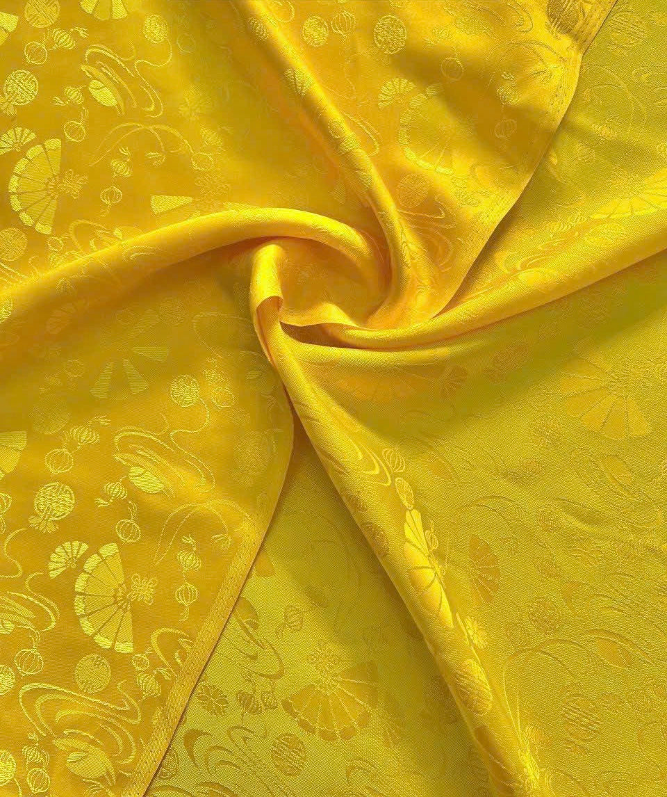 110 - Bright Yellow Teal Thái Tuấn Phố Cổ Silk Áo Dài (Áo Dài Gấm Thái Tuấn Phố Cổ Vàng)