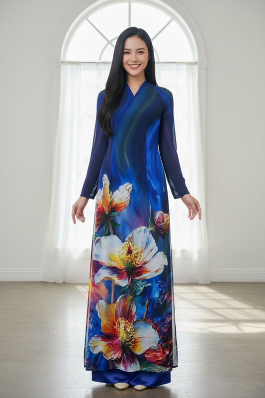 A40 - Áo Dài Chiffon Blue/Green | Áo Only
