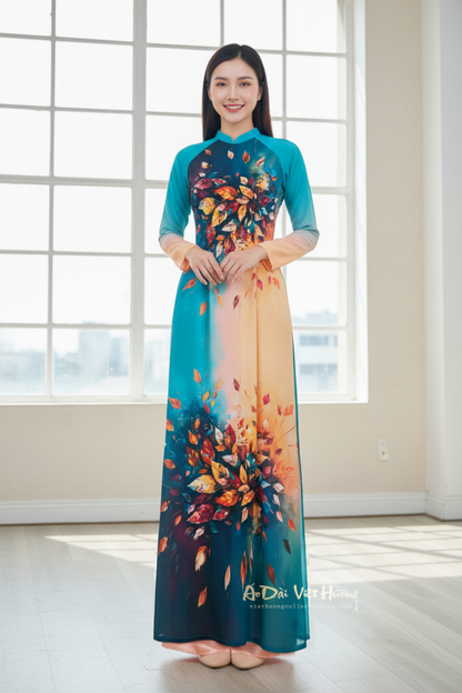 A27 - Áo Dài Chiffon 4 Tà Xanh phối Cam