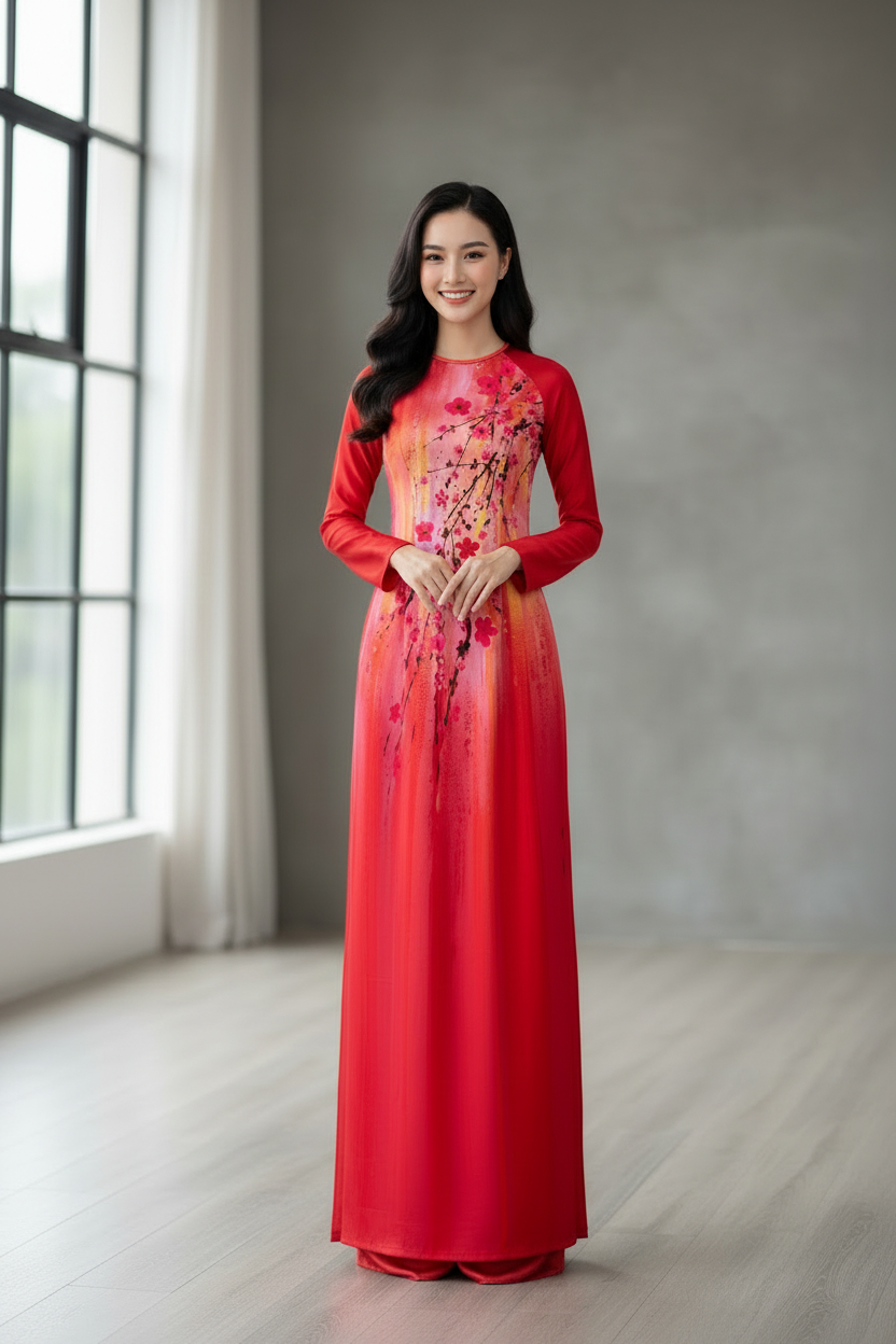 A153 - Áo Dài Lụa Tiêu Giao Đỏ in Hoa | Áo Only