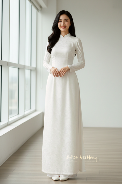 A04 - Set Áo Dài Lụa Tiêu Giao Trắng Kem (kèm quần Tiêu Giao)