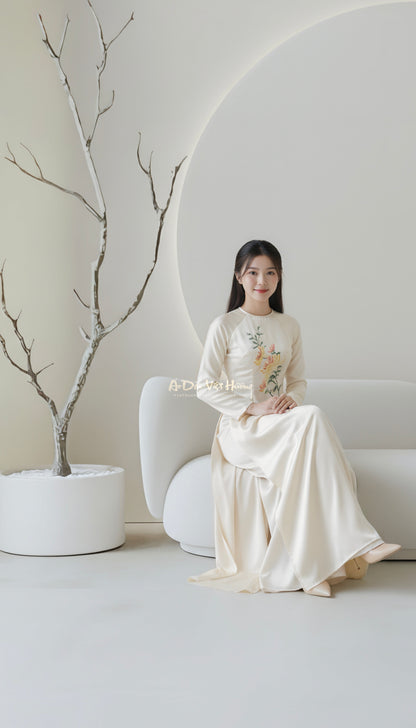 A36 - Áo Dài Lụa Valentino Nude Thêu Hoa Cúc