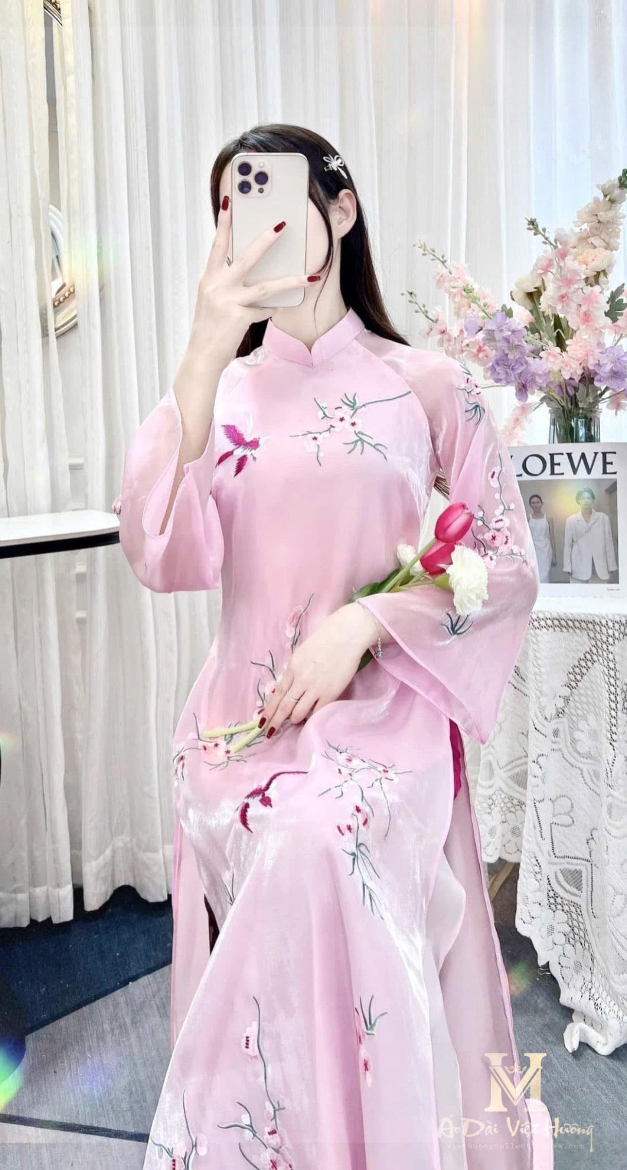 A32 - Set Áo Dài Dáng Suông Thêu Tơ Hồng 2 lớp (Kèm Quần Lotus Pink)