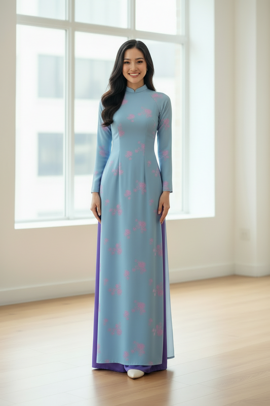 A137 - Áo Dài Gấm Lụa Thiên Cúc Xanh/Hồng | Áo Only