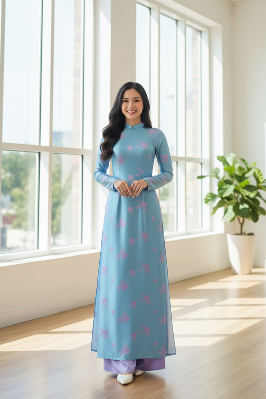 A137 - Áo Dài Gấm Lụa Thiên Cúc Xanh/Hồng