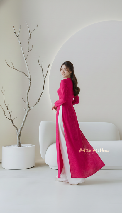A51 - Áo Dài Gấm Dệt Thái Tuấn Hoa Hồng Đỏ (Cổ Tròn)