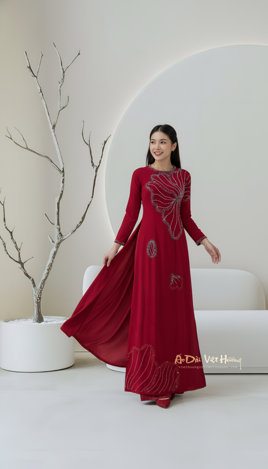 A34 - Áo Dài Lụa Hai Da Thiết Kế Đỏ Đô