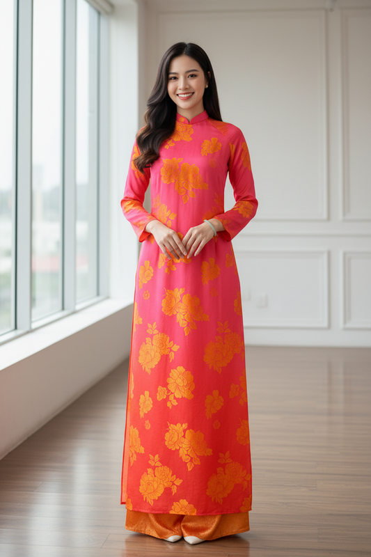 A40 - Áo Dài Dáng Suông Suông Lụa Tằm Pha Hồng/Cam