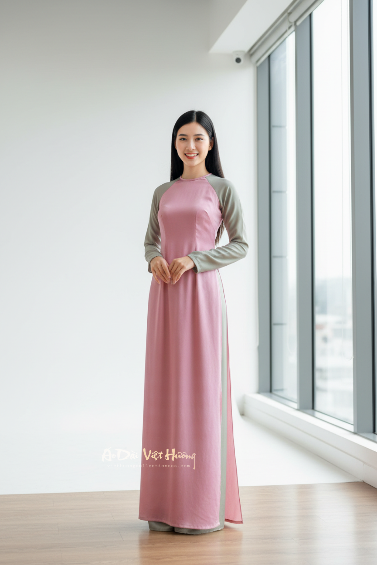 A59 - Set Áo Dài Lụa Đổi Màu Hồng/Xám | Kèm Quần. Final sale (no return/exchange)