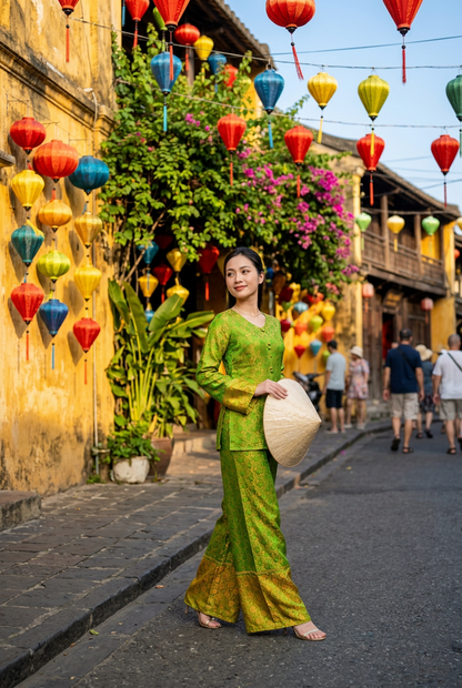 B5 - Set Bà Ba Nha Xá Silk Green/Orange | Kèm quần