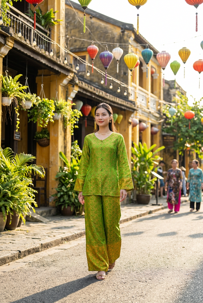 B5 - Set Bà Ba Nha Xá Silk Green/Orange | Kèm quần