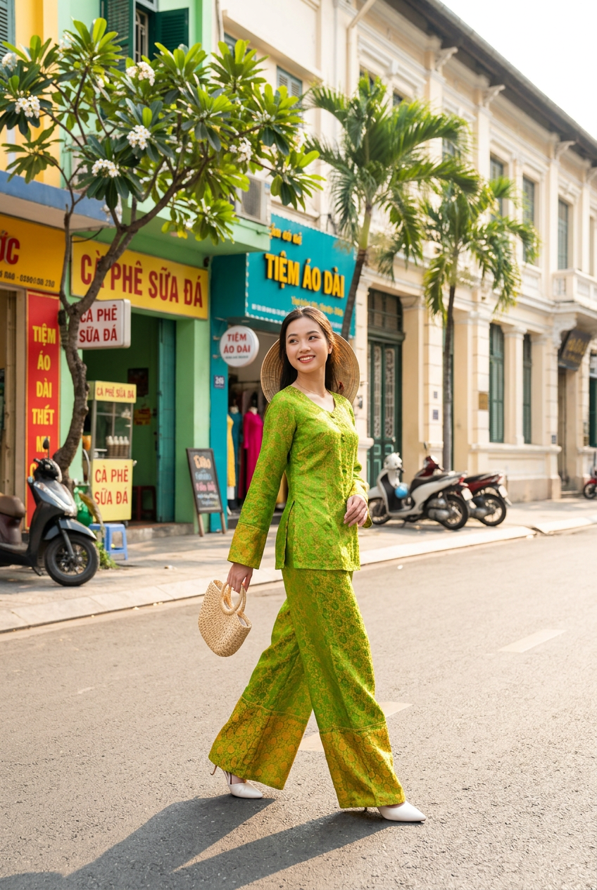 B5 - Set Bà Ba Nha Xá Silk Green/Orange | Kèm quần
