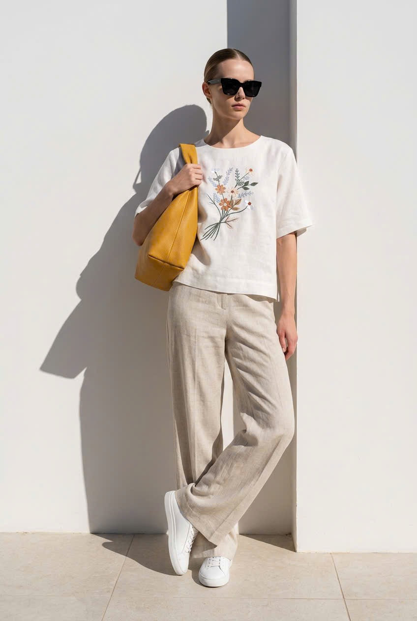 L153->157 - Áo Linen Blend Thêu Hoa