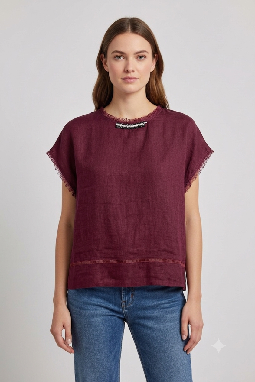 L153->157 - 100% Linen Fringed Blouse