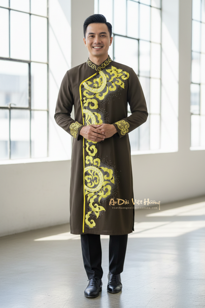 A94 - Men’s Áo Dài Vẽ Tay Olive Brown