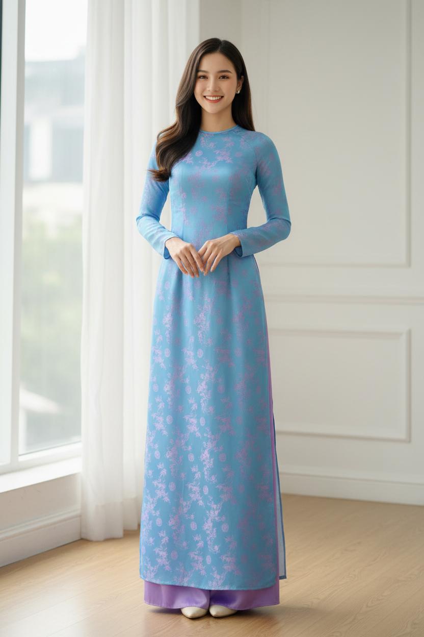 A132 - Áo Dài Gấm 2 da Trúc Hỷ Blue/Pink | Áo only. Final sale (no return/exchange).