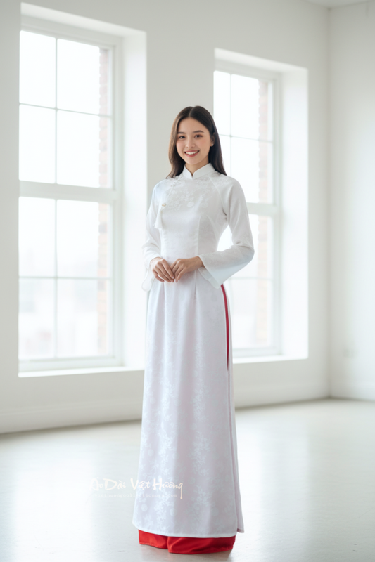 A103 - Áo Dài Gấm Lụa Trúc Đào Trắng