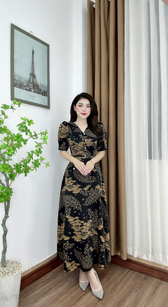 D15 - Long Dress Black/Gold Pattern